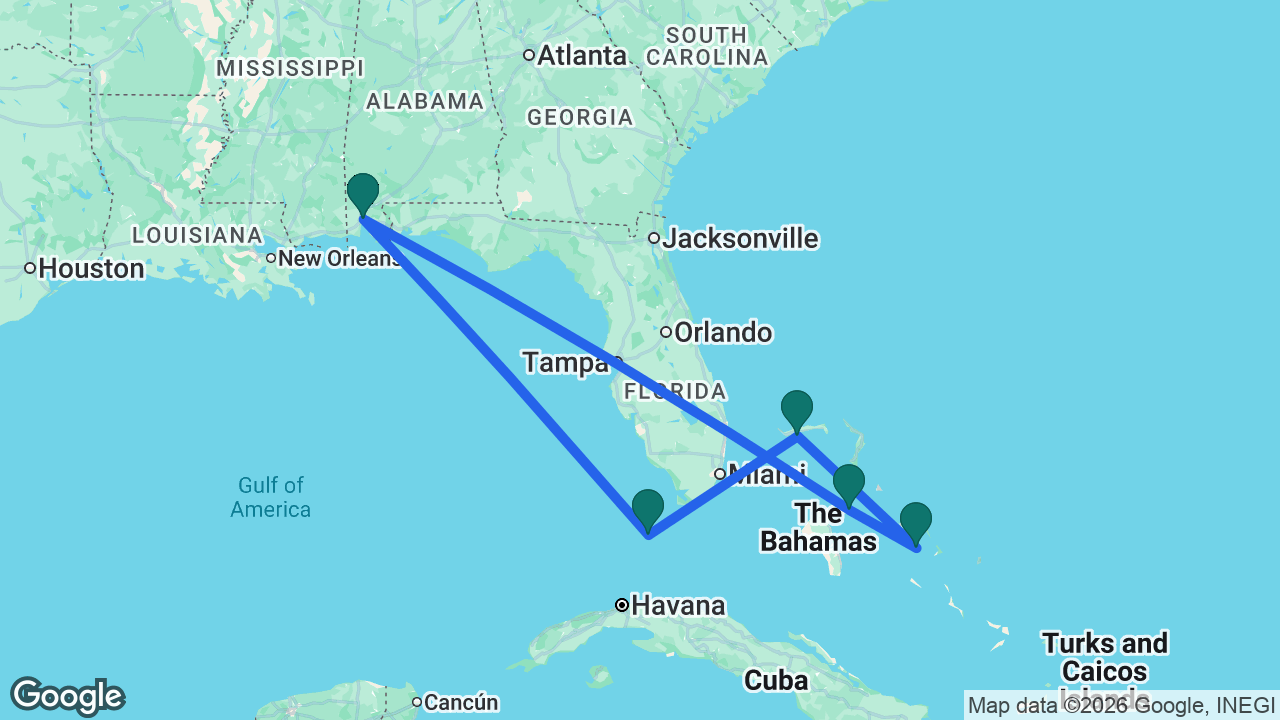 Route map: Mobile -> Key West -> Celebration Key -> Half Moon Cay -> Nassau -> Mobile