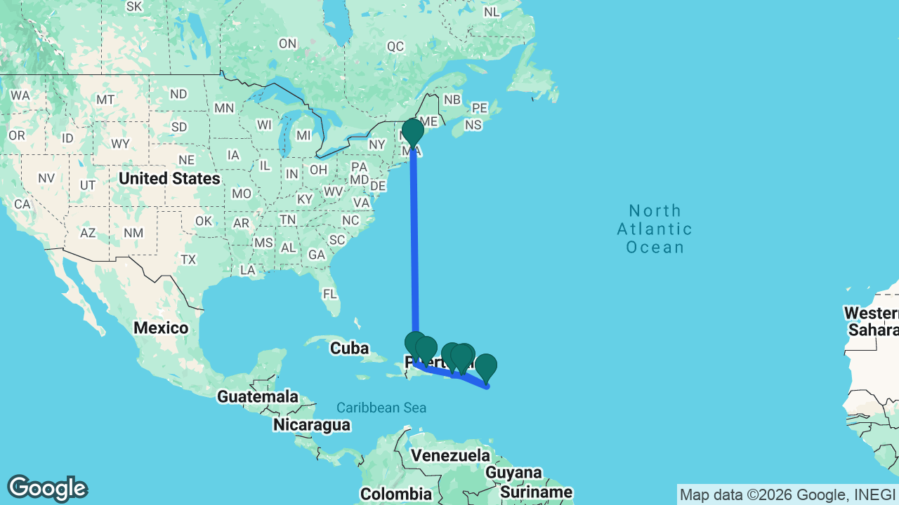 Route map: Boston -> Puerto Plata -> Samaná -> St. Thomas -> Antigua -> Tortola -> San Juan