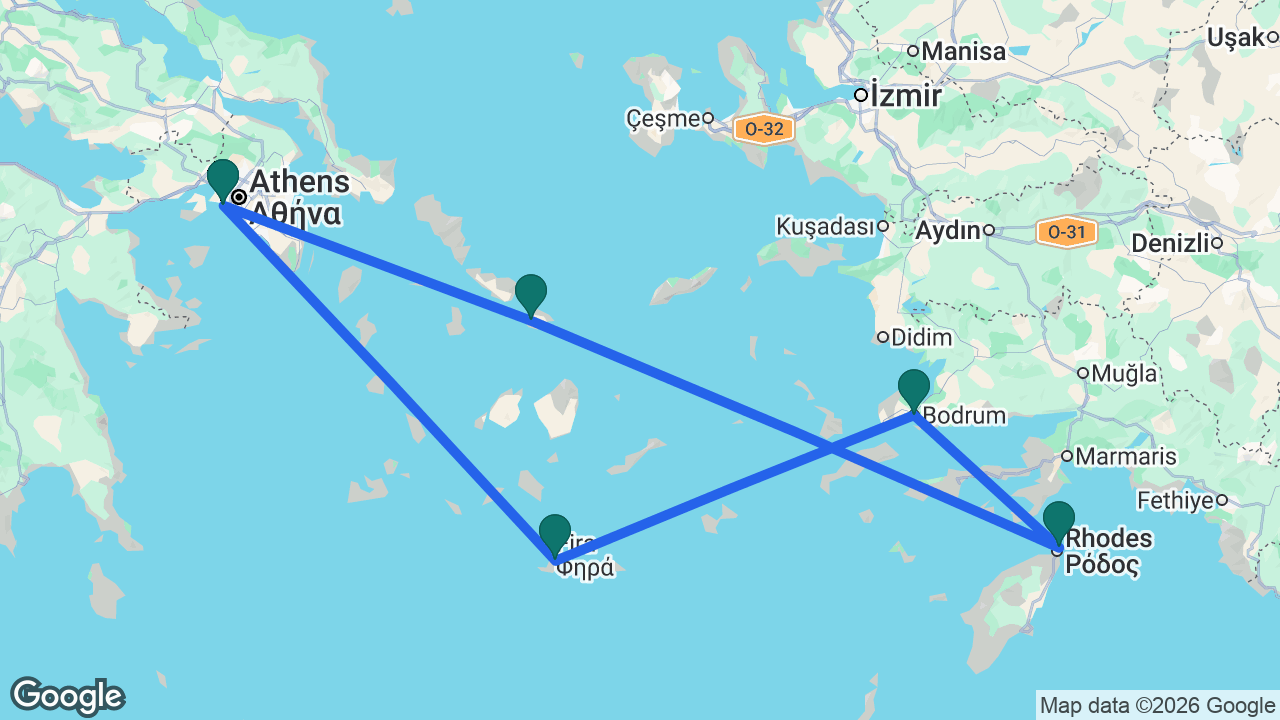 Route map: Athens -> Santorini -> Bodrum -> Rhodes -> Mykonos -> Athens