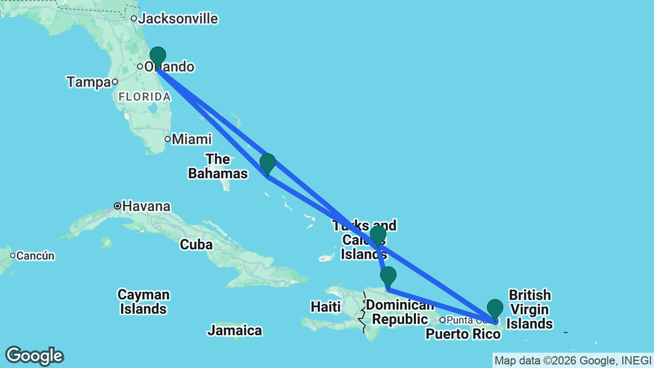 Route map: Port Canaveral -> Half Moon Cay -> San Juan -> Amber Cove -> Grand Turk -> Port Canaveral