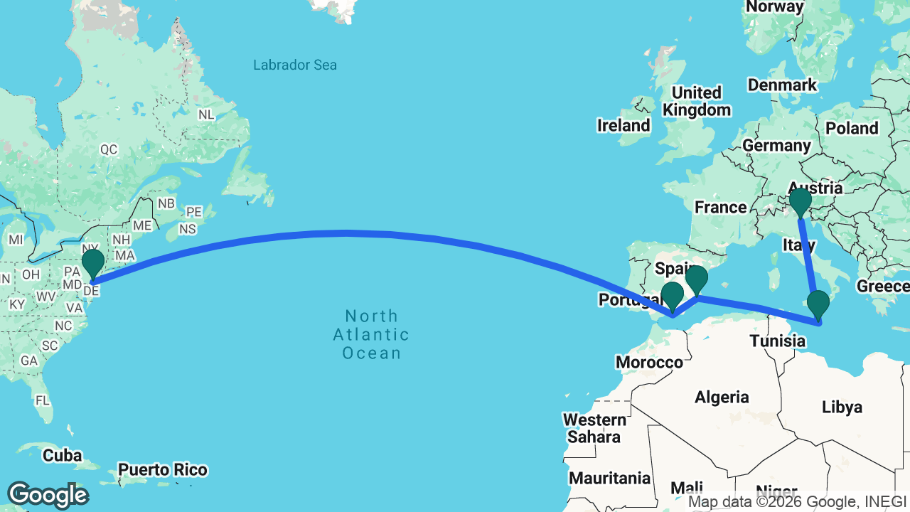Route map: Venice -> Valletta -> Alicante -> Motril -> Philadelphia