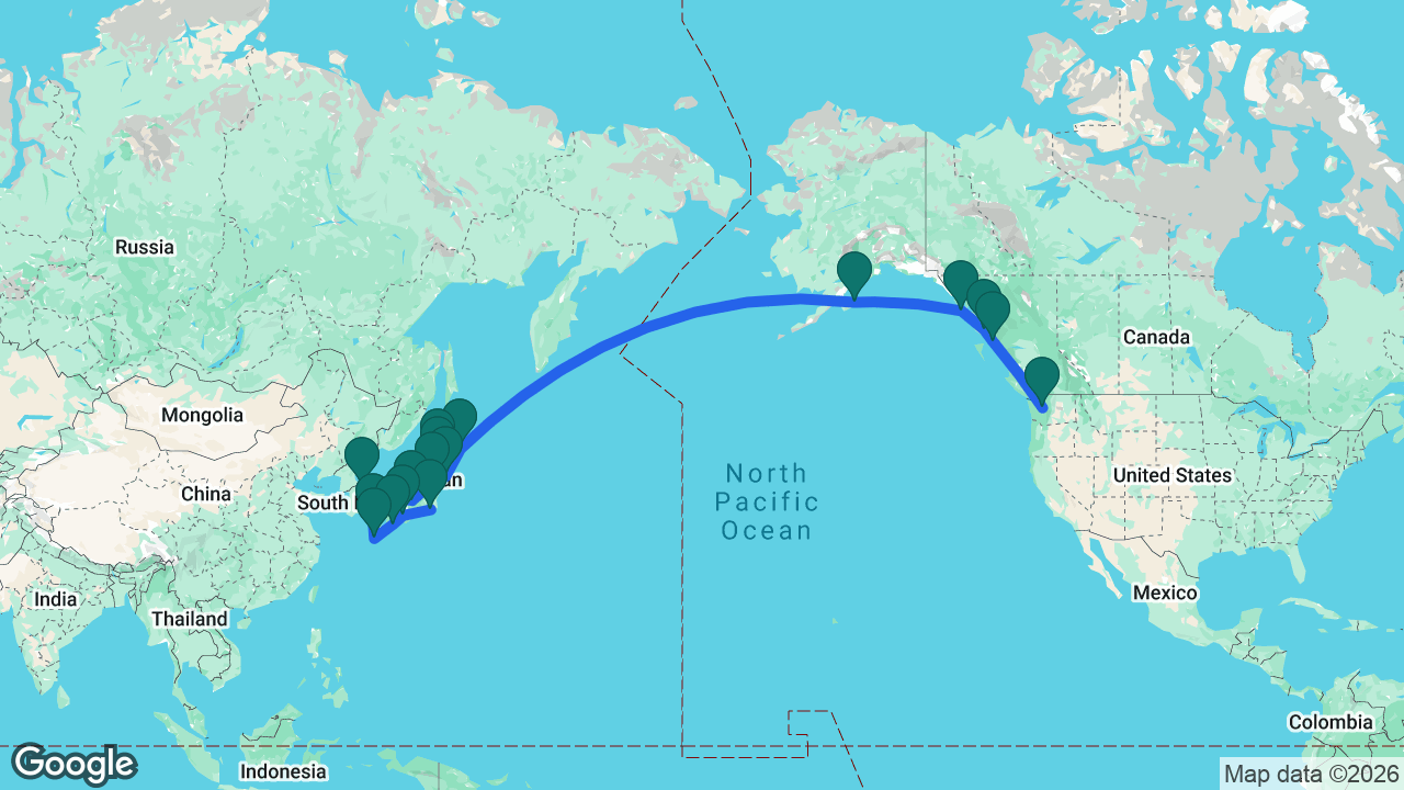 Route map: Tokyo -> Kobe -> Kochi -> Kagoshima -> Fukuoka -> Sokcho -> Kanazawa -> Sakata -> Hakodate -> Aomori -> Miyako -> Kushiro -> Kodiak -> Sitka -> Ketchikan -> Prince Rupert -> Seattle