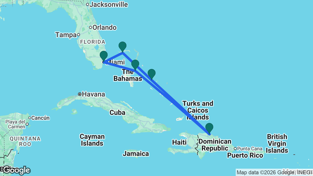 Route map: Miami -> Nassau -> Amber Cove -> Half Moon Cay -> Celebration Key -> Miami