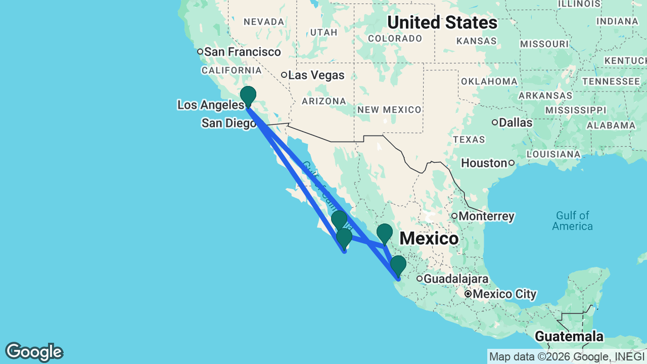Route map: Los Angeles -> Puerto Vallarta -> Mazatlán -> La Paz -> Cabo -> Los Angeles
