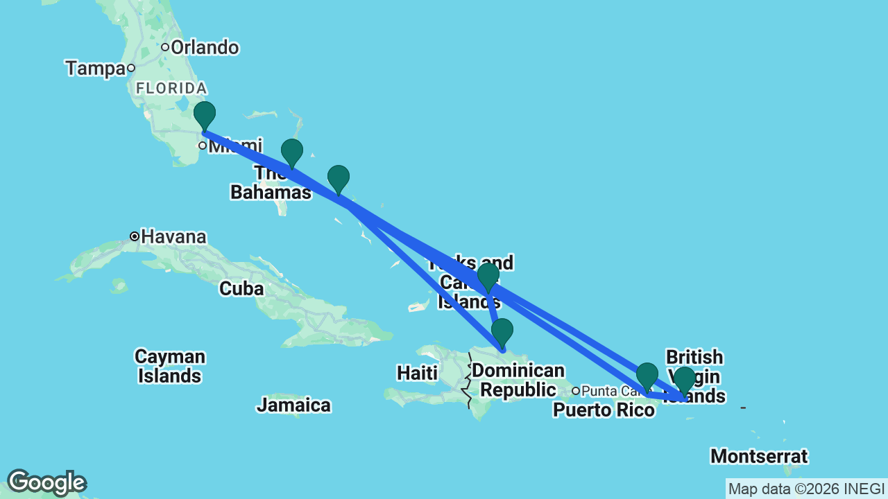 Route map: Fort Lauderdale -> Nassau -> Grand Turk -> Amber Cove -> Half Moon Cay -> San Juan -> St. Thomas -> Fort Lauderdale