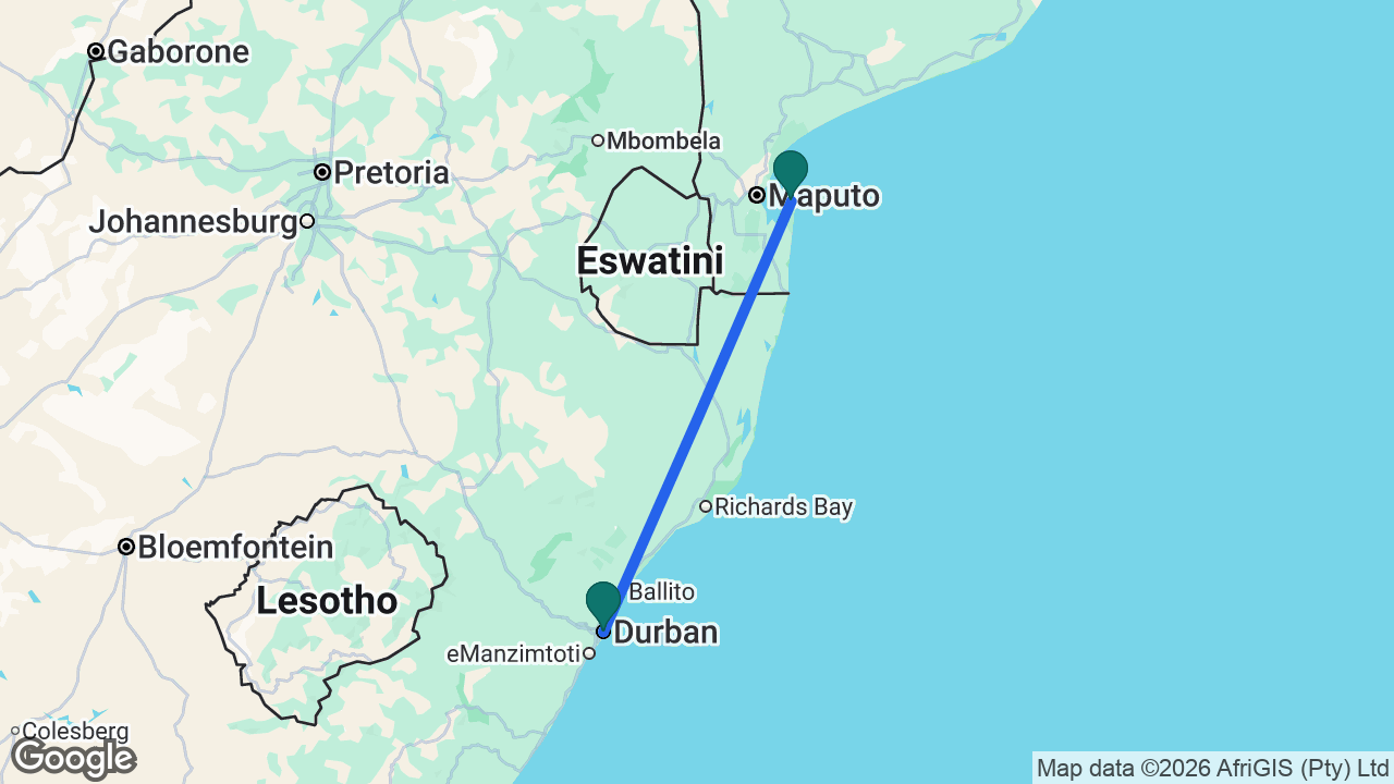 Route map: Durban -> Portuguese Island -> Durban