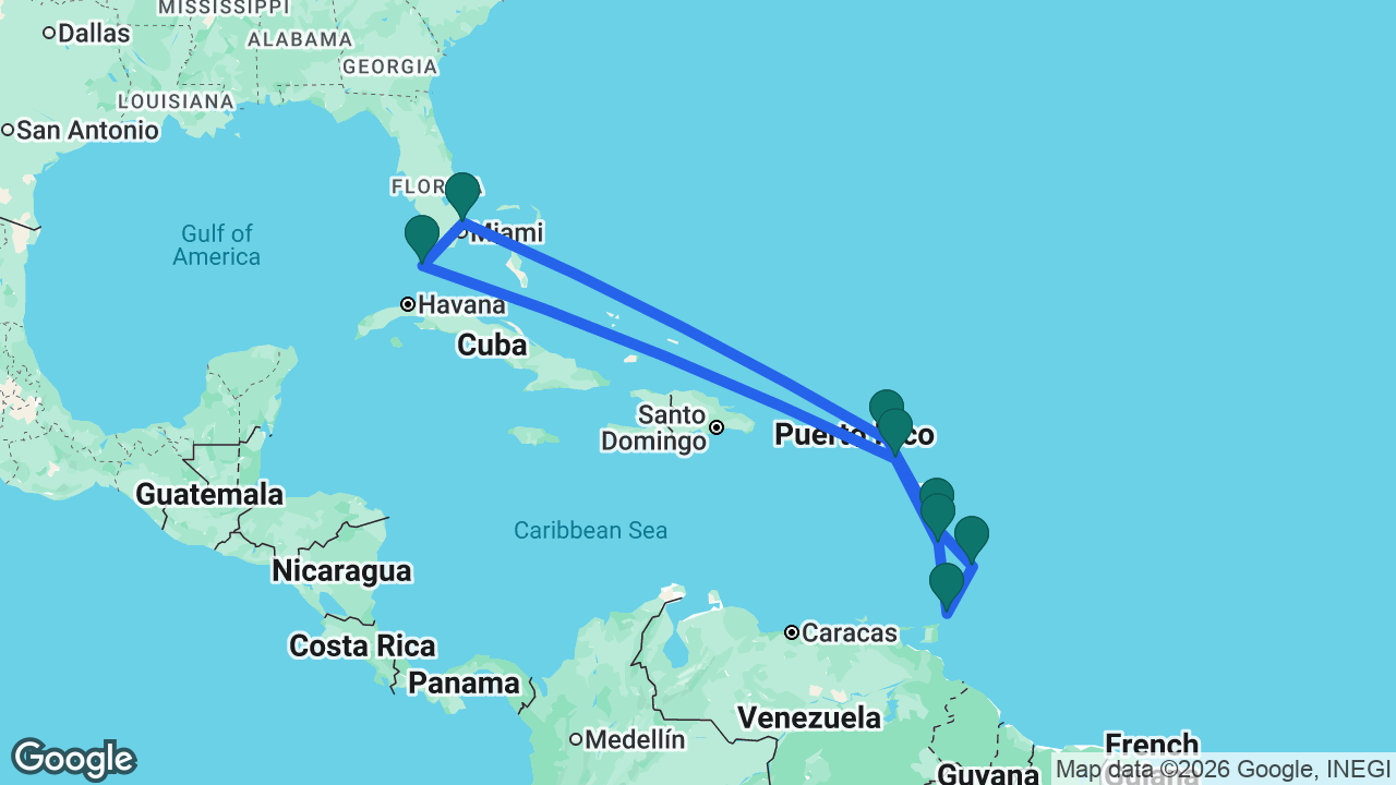 Route map: Fort Lauderdale -> St. Maarten -> Martinique -> Barbados -> Tobago -> St. Lucia -> St. Kitts -> Key West -> Fort Lauderdale