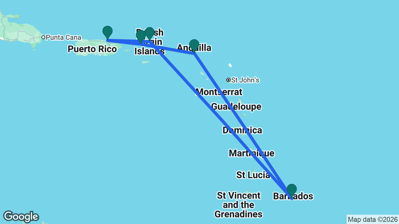 Route map: San Juan -> Tortola -> Barbados -> St. Maarten -> St. Thomas -> San Juan