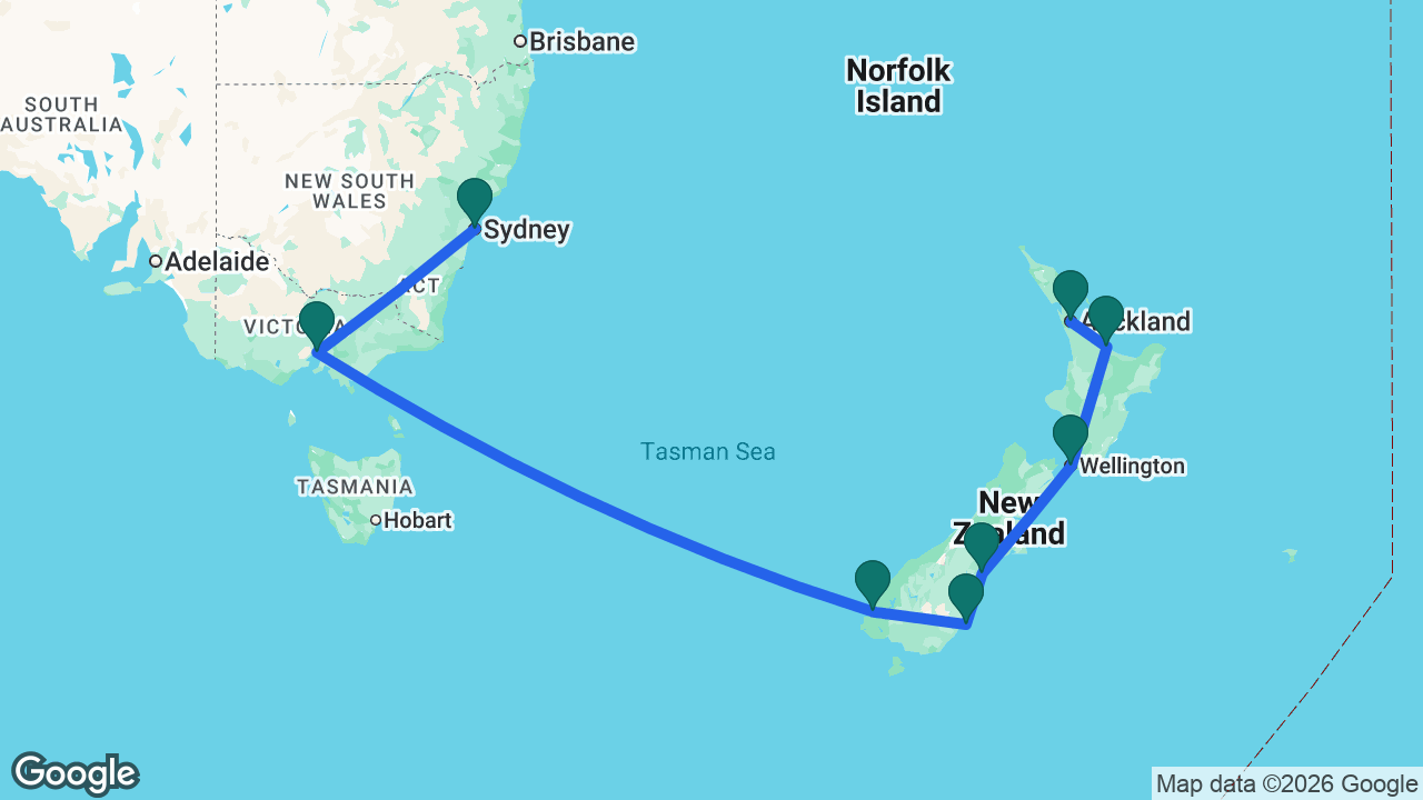 Route map: Sydney -> Melbourne -> Dusky Sound -> Dunedin -> Timaru -> Wellington -> Tauranga -> Auckland