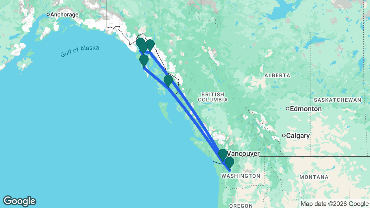 Route map: Seattle -> Juneau -> Glacier Bay -> Icy Strait Point -> Sitka -> Ketchikan -> Victoria -> Seattle