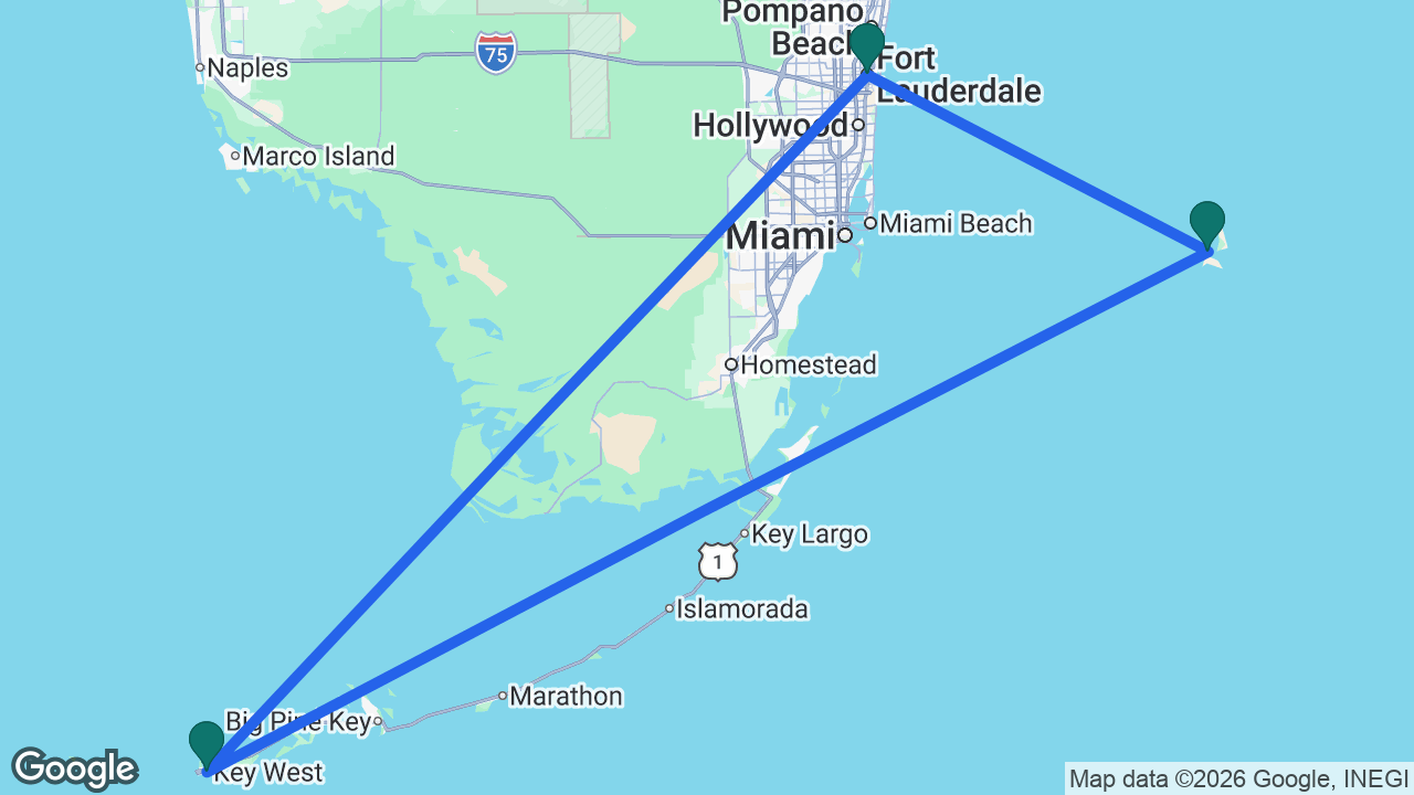 Route map: Fort Lauderdale -> Key West -> Bimini -> Fort Lauderdale