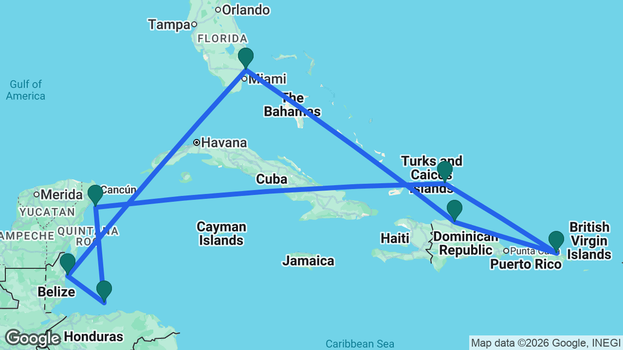 Route map: Fort Lauderdale -> Amber Cove -> San Juan -> Grand Turk -> Cozumel -> Roatán -> Belize City -> Fort Lauderdale