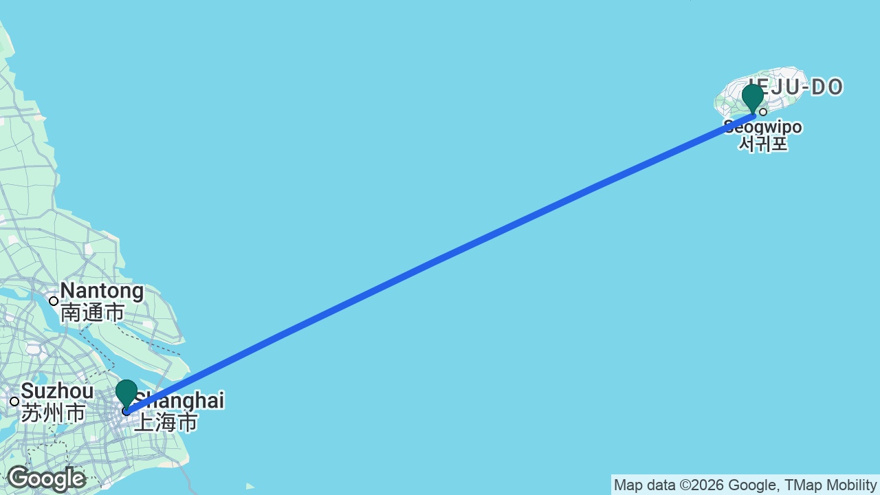 Route map: Shanghai -> Jeju -> Shanghai