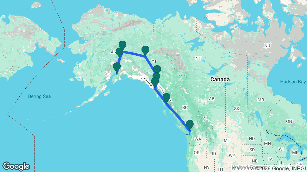 Route map: Anchorage -> Denali -> Fairbanks -> Dawson City -> Whitehorse -> Skagway -> Glacier Bay -> Ketchikan -> Vancouver