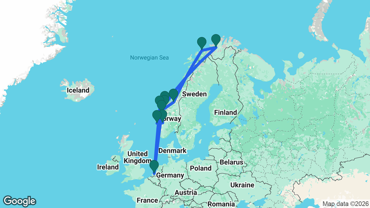 Route map: Rotterdam -> Ålesund -> Åndalsnes -> Trondheim -> Tromsø -> Alta -> Kristiansund -> Bergen -> Eidfjord -> Olden -> Rotterdam