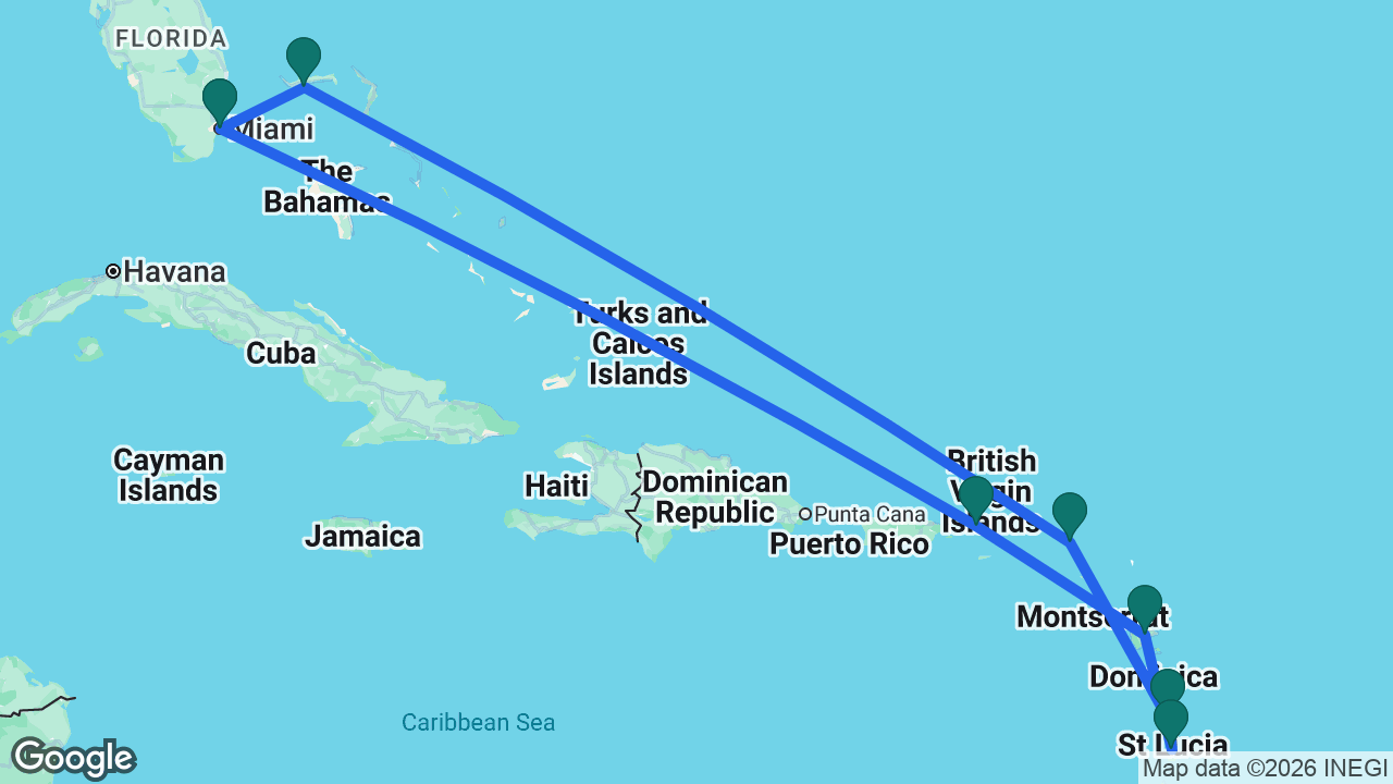 Route map: Miami -> St. Thomas -> Guadeloupe -> St. Lucia -> Martinique -> St. Maarten -> Celebration Key -> Miami