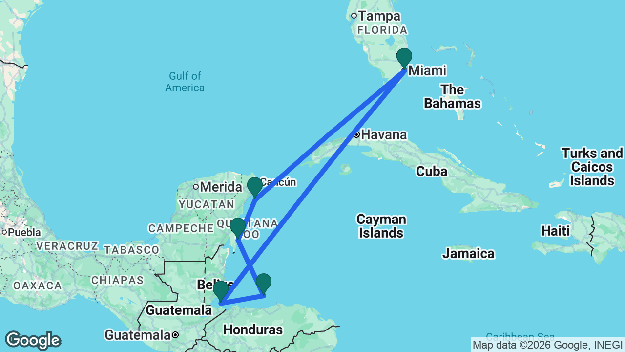 Route map: Miami -> Harvest Caye -> Roatán -> Costa Maya -> Cozumel -> Miami