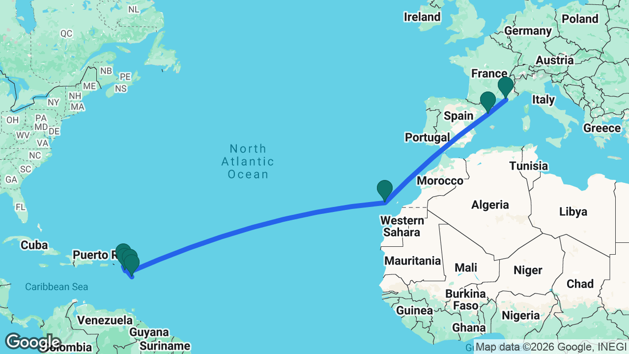 Route map: Guadeloupe -> St. Maarten -> St. Kitts -> Antigua -> Tenerife -> Barcelona -> Marseille