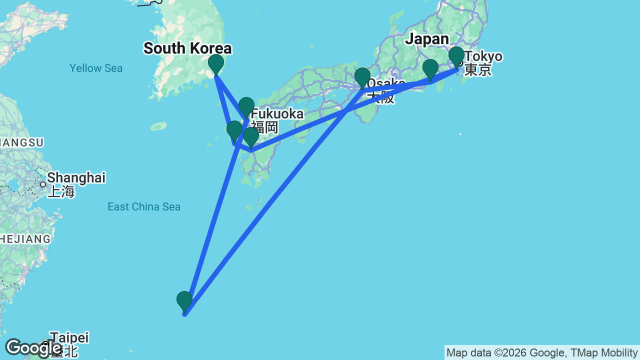 Route map: Tokyo -> Yatsushiro -> Nagasaki -> Busan -> Fukuoka -> Naha -> Osaka -> Mount Fuji -> Tokyo