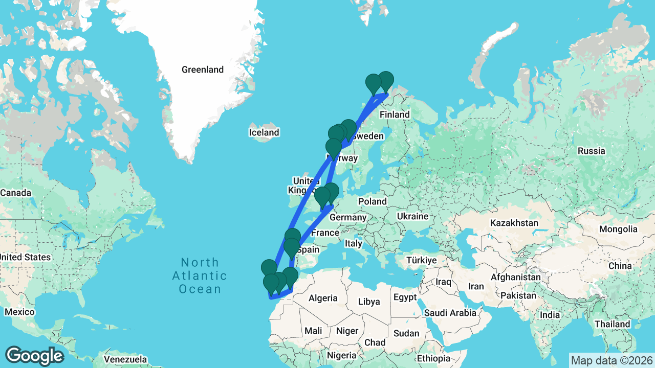 Route map: Dover -> Rotterdam -> Porto -> Lisbon -> Agadir -> Lanzarote -> Tenerife -> Madeira -> Ålesund -> Trondheim -> Tromsø -> Alta -> Molde -> Bergen -> Dover