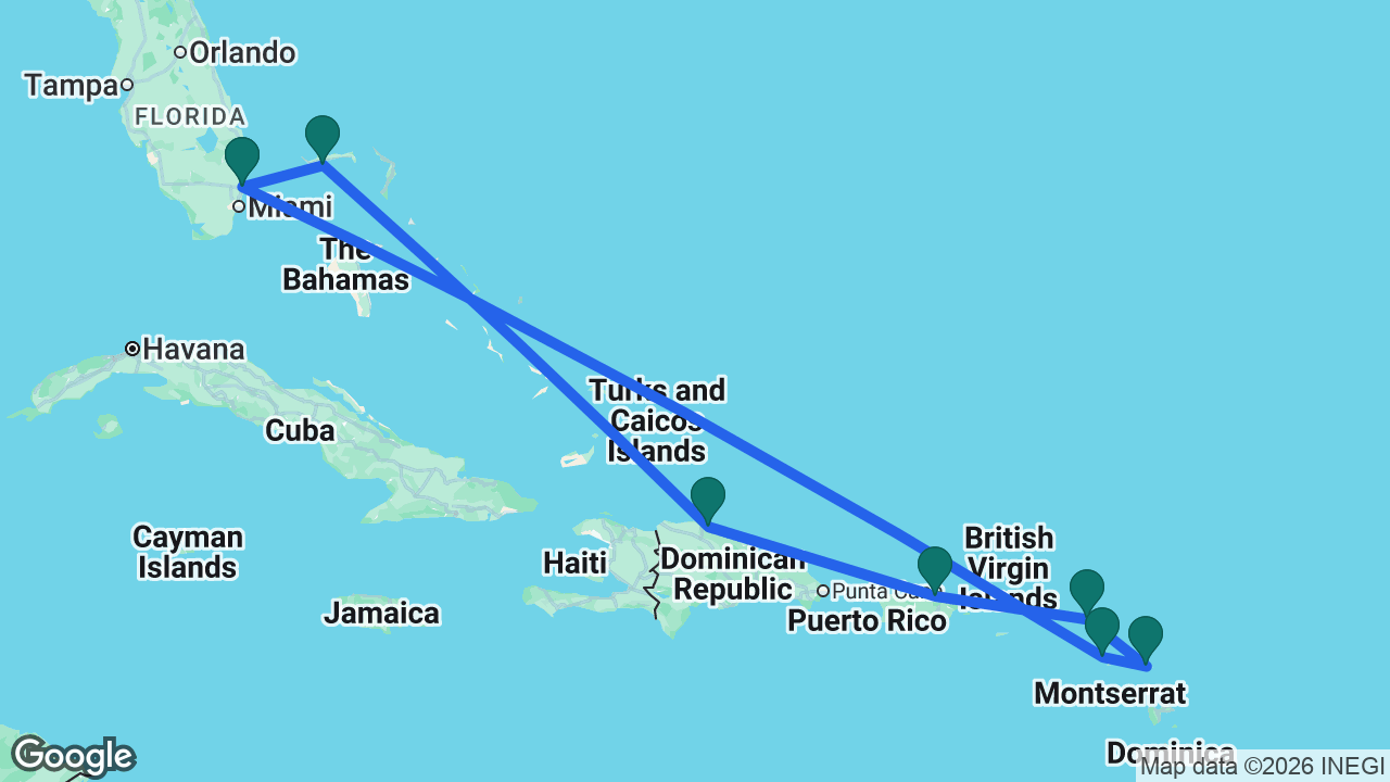 Route map: Fort Lauderdale -> Celebration Key -> Amber Cove -> San Juan -> St. Maarten -> Antigua -> St. Kitts -> Fort Lauderdale