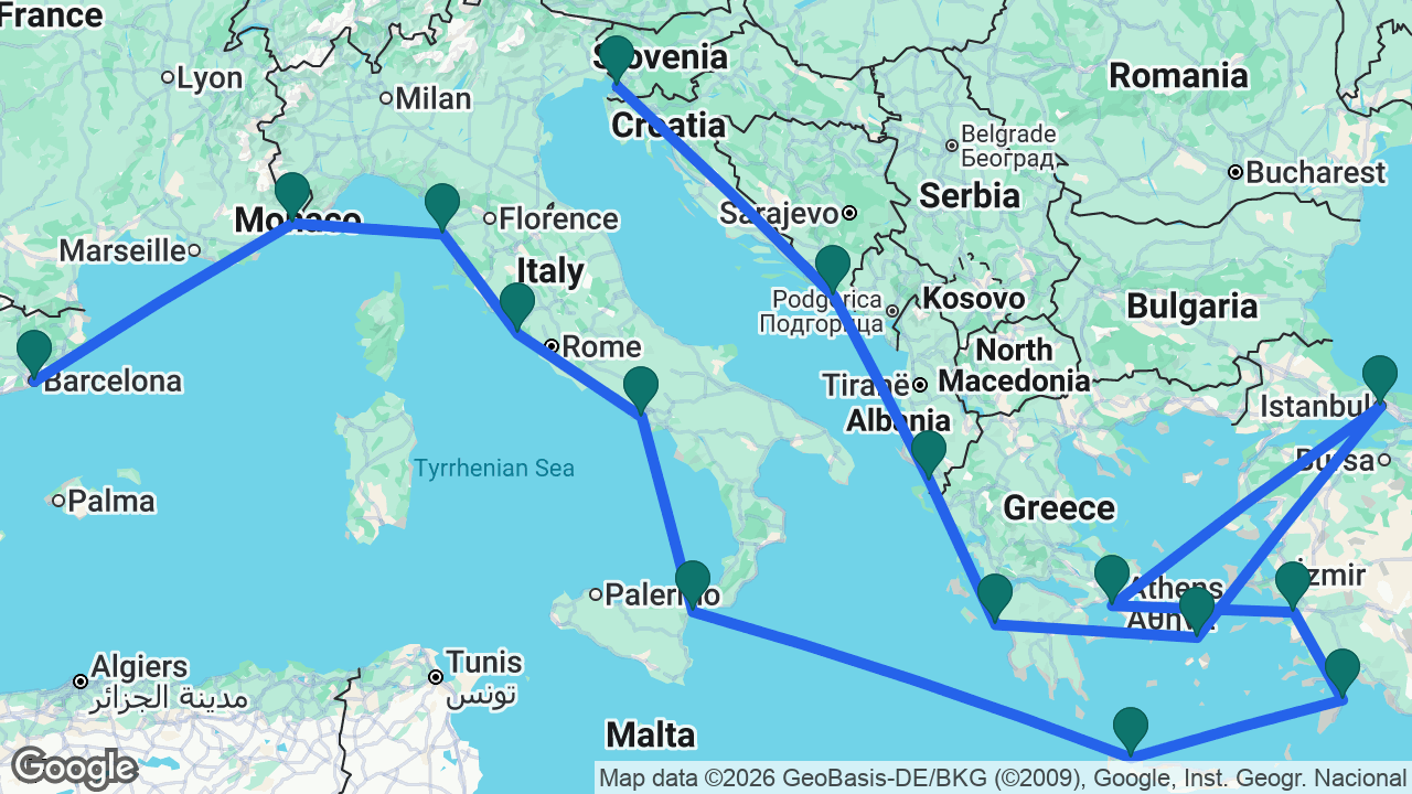 Route map: Barcelona -> Villefranche -> Florence -> Rome -> Naples -> Taormina -> Chania -> Rhodes -> Ephesus -> Athens -> Istanbul -> Mykonos -> Katakolon -> Sarandë -> Dubrovnik -> Trieste