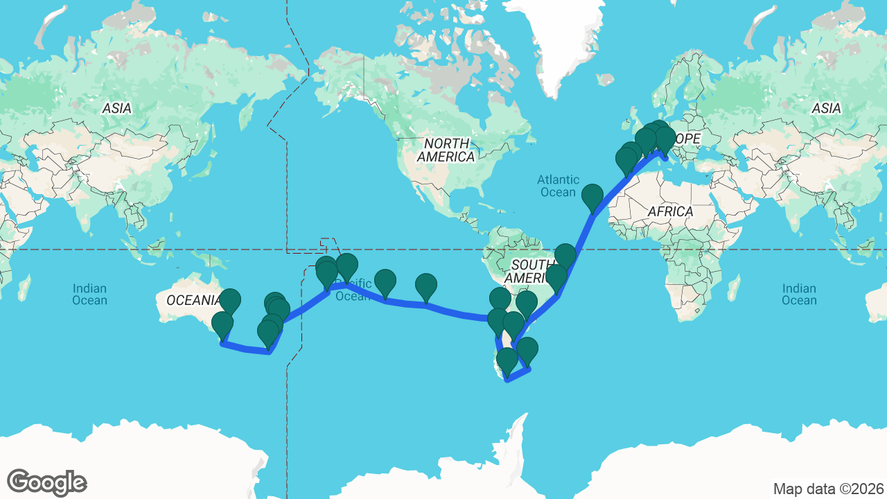 Route map: Rome -> Genoa -> Marseille -> Barcelona -> Gibraltar -> Casablanca -> Mindelo -> Salvador -> Rio -> Buenos Aires -> Puerto Madryn -> Port Stanley -> Ushuaia -> Puerto Montt -> Santiago -> Easter Island -> Bounty Bay -> Tahiti -> Moorea -> Aitutaki -> Cook Islands -> Bay of Islands -> Auckland -> Tauranga -> Christchurch -> Dunedin -> Hobart -> Sydney