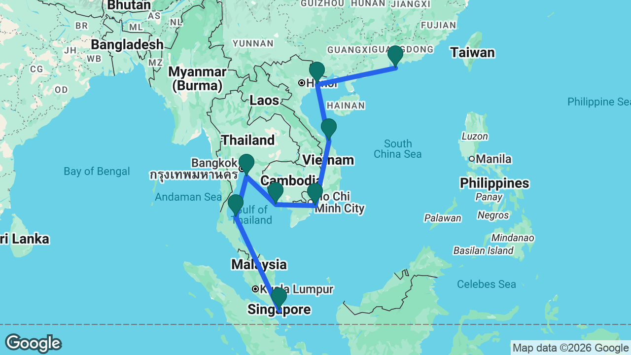 Route map: Singapore -> Koh Samui -> Laem Chabang -> Sihanoukville -> Ho Chi Minh City -> Da Nang -> Ha Long Bay -> Hong Kong