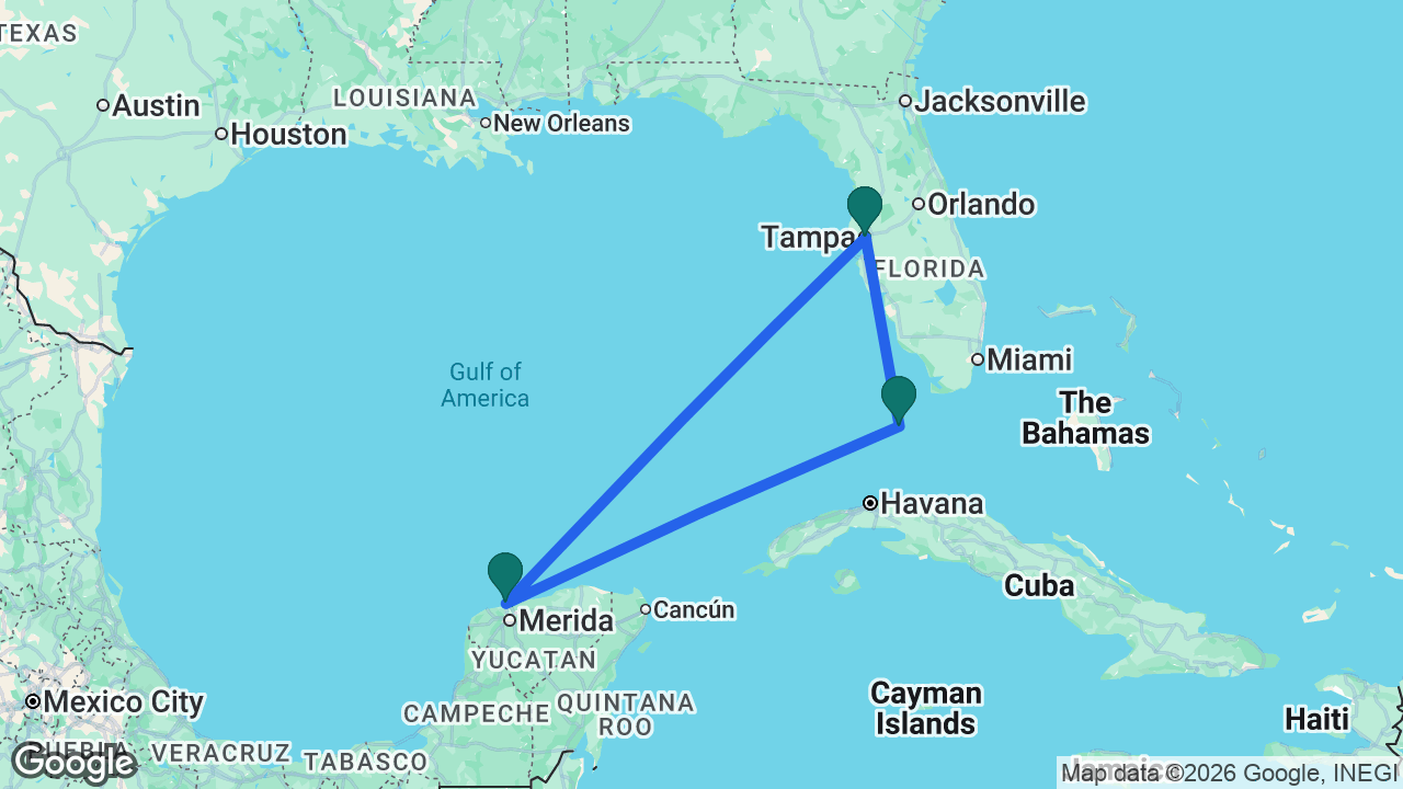 Route map: Tampa -> Key West -> Progreso -> Tampa