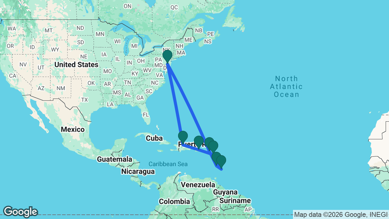 Route map: Philadelphia -> St. Maarten -> St. Lucia -> Barbados -> Antigua -> San Juan -> Puerto Plata -> Philadelphia