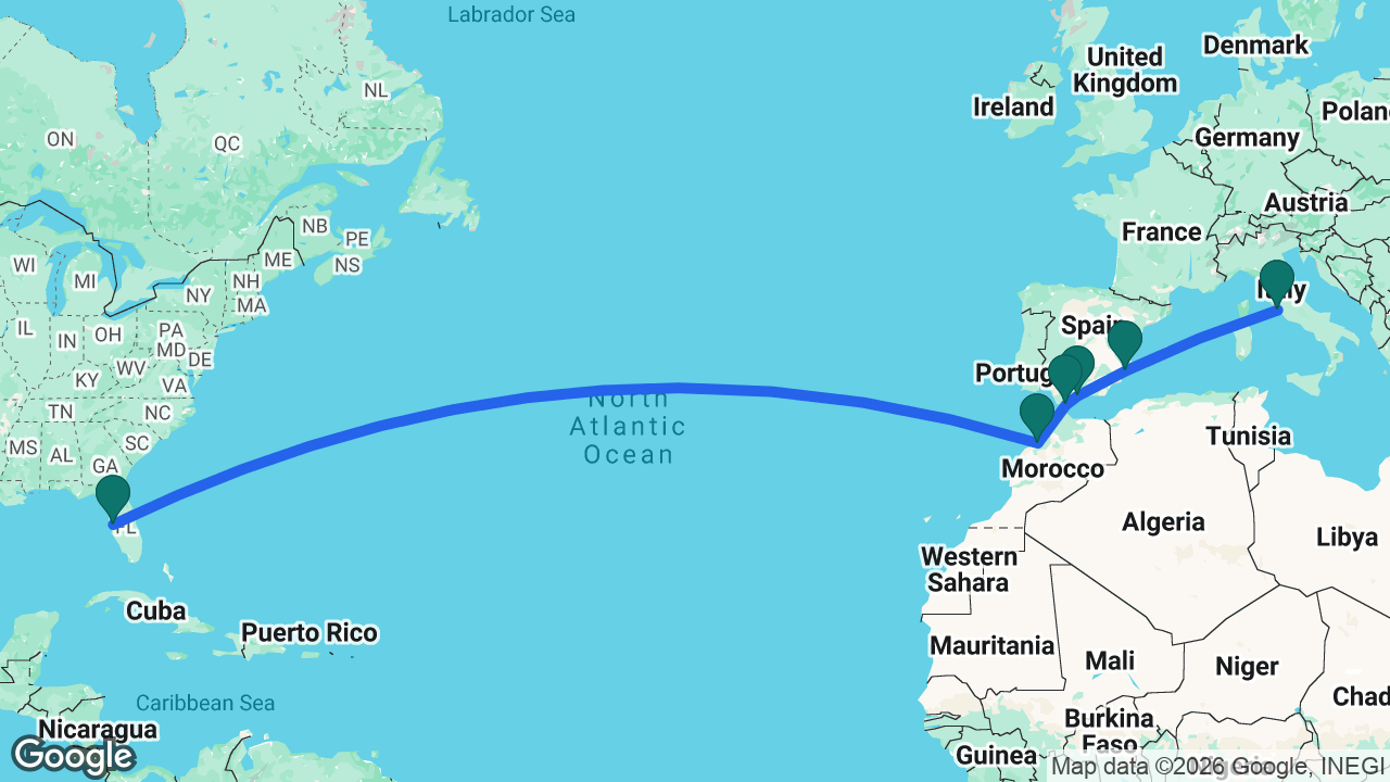 Route map: Rome -> Alicante -> Málaga -> Gibraltar -> Casablanca -> Tampa