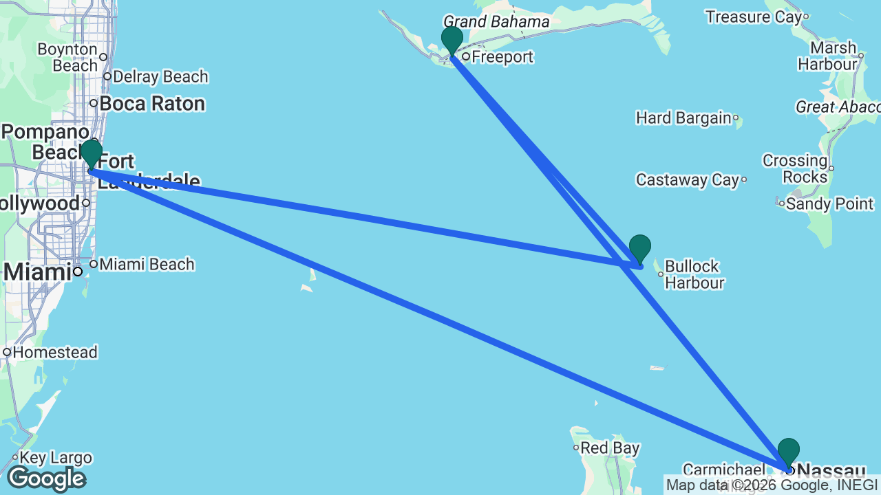 Route map: Fort Lauderdale -> CocoCay -> Freeport -> Nassau -> Fort Lauderdale