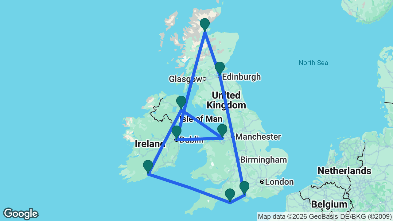 Route map: Southampton -> Edinburgh -> Invergordon -> Dublin -> Liverpool -> Belfast -> Cobh -> Portland -> Southampton