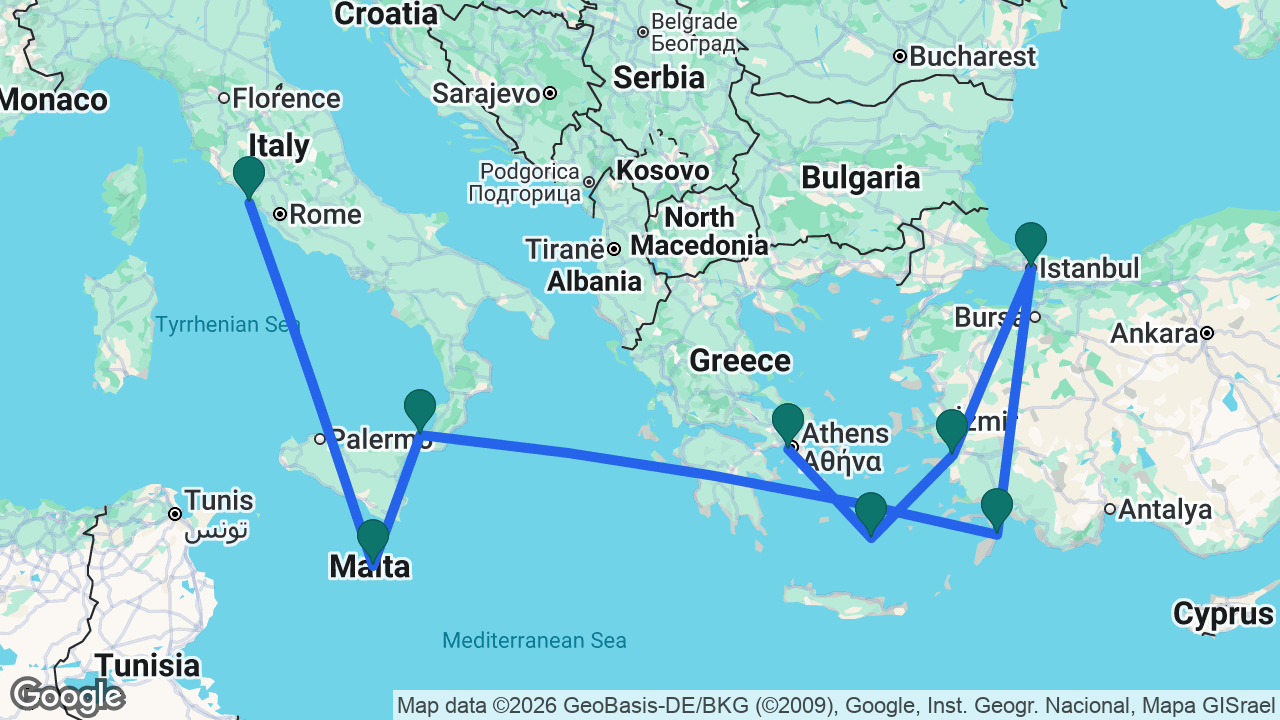 Route map: Athens -> Santorini -> Ephesus -> Istanbul -> Rhodes -> Messina -> Valletta -> Rome