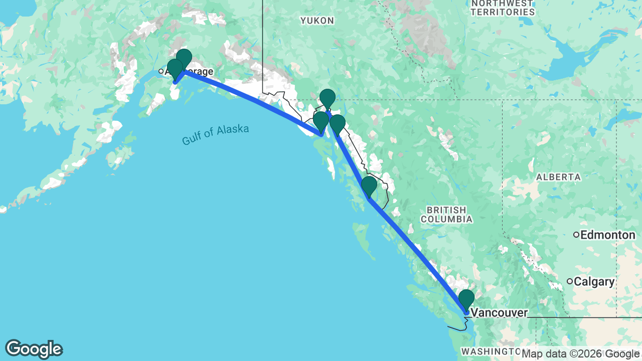 Route map: Vancouver -> Ketchikan -> Juneau -> Skagway -> Glacier Bay -> College Fjord -> Whittier