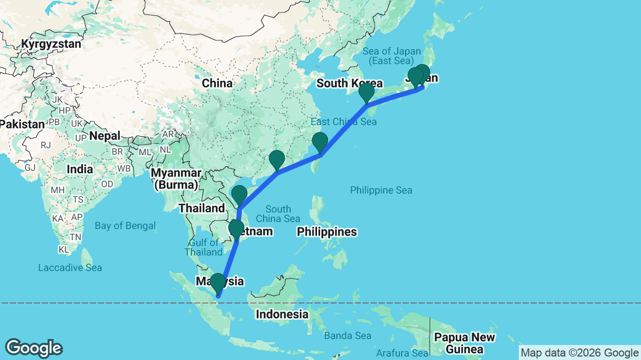 Route map: Singapore -> Ho Chi Minh City -> Chan May -> Hong Kong -> Keelung -> Nagasaki -> Mount Fuji -> Tokyo