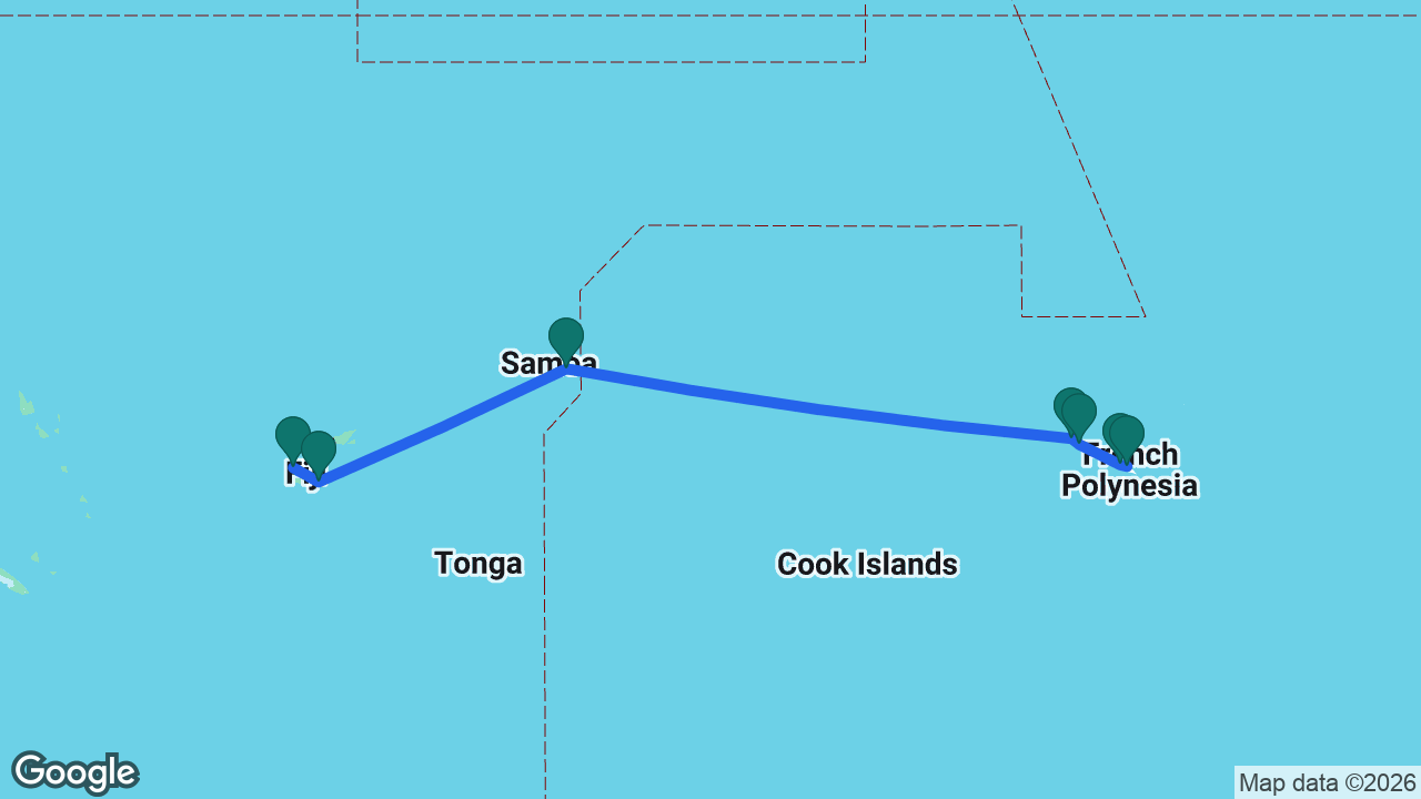 Route map: Tahiti -> Moorea -> Raiatea -> Bora Bora -> Apia -> Fiji -> Lautoka