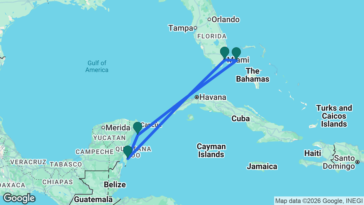 Route map: Miami -> Costa Maya -> Cozumel -> Bimini -> Miami