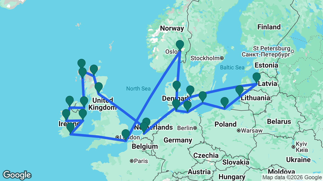 Route map: Amsterdam -> South Queensferry -> Invergordon -> Stornoway -> Isle of Skye -> Belfast -> Killybegs -> Galway -> Dún Laoghaire -> Cobh -> Dover -> Oslo -> Aarhus -> Kiel -> Berlin -> Rønne -> Gdansk -> Klaipeda -> Riga -> Copenhagen -> Rotterdam