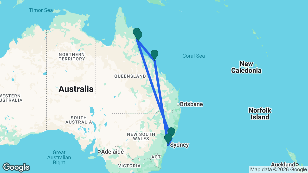 Route map: Sydney -> Airlie Beach -> Cairns -> Port Douglas -> Newcastle AU -> Sydney