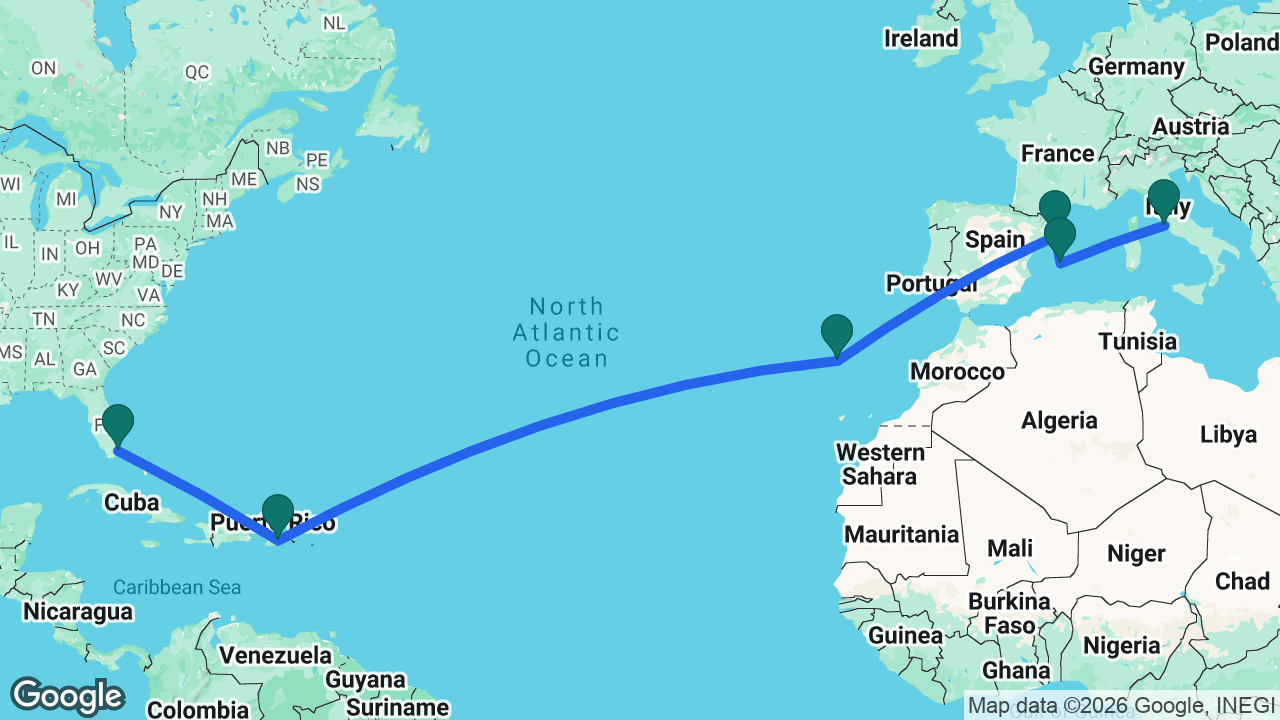 Route map: Rome -> Mallorca -> Barcelona -> Madeira -> San Juan -> Miami