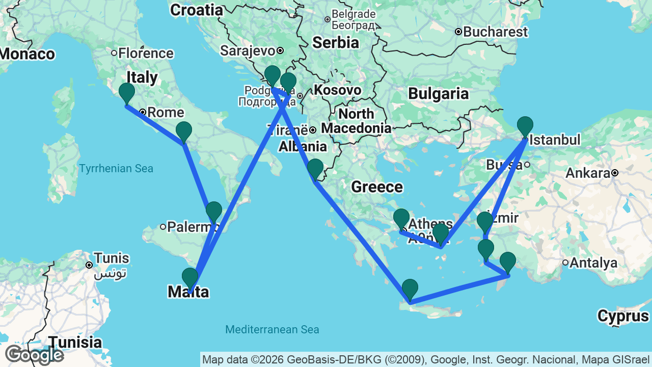 Route map: Athens -> Mykonos -> Istanbul -> Ephesus -> Kos -> Rhodes -> Chania -> Corfu -> Dubrovnik -> Kotor -> Valletta -> Messina -> Naples -> Rome
