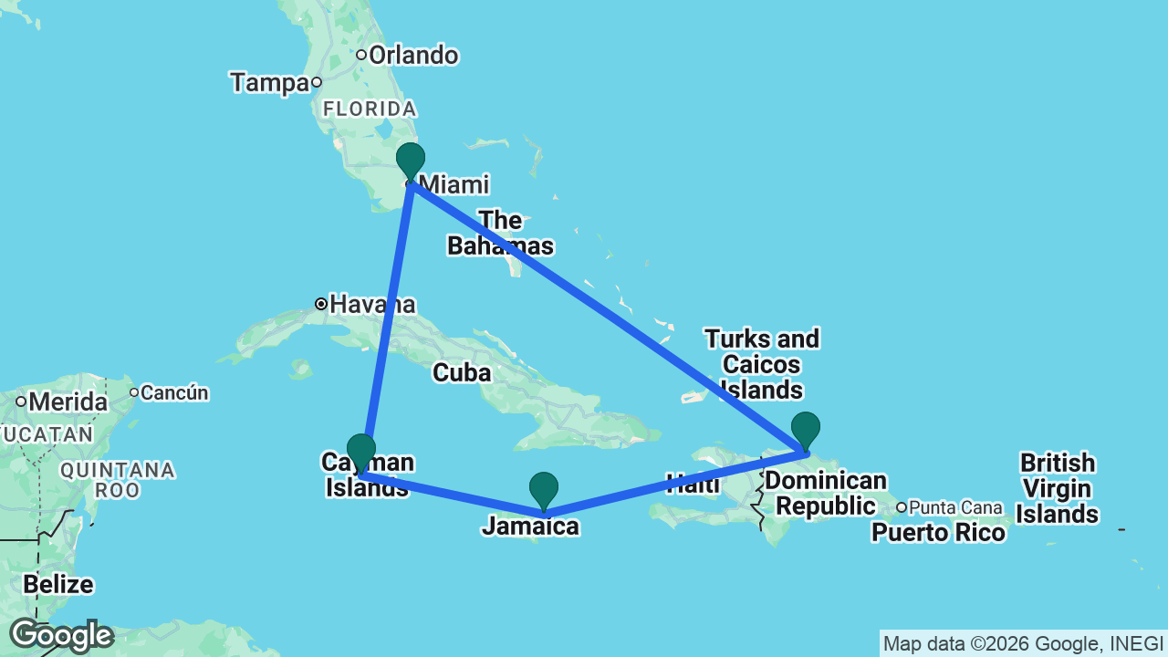Route map: Miami -> Puerto Plata -> Ocho Rios -> Grand Cayman -> Miami