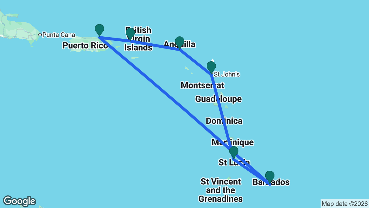 Route map: Barbados -> San Juan -> St. Thomas -> St. Maarten -> Antigua -> St. Lucia -> Barbados