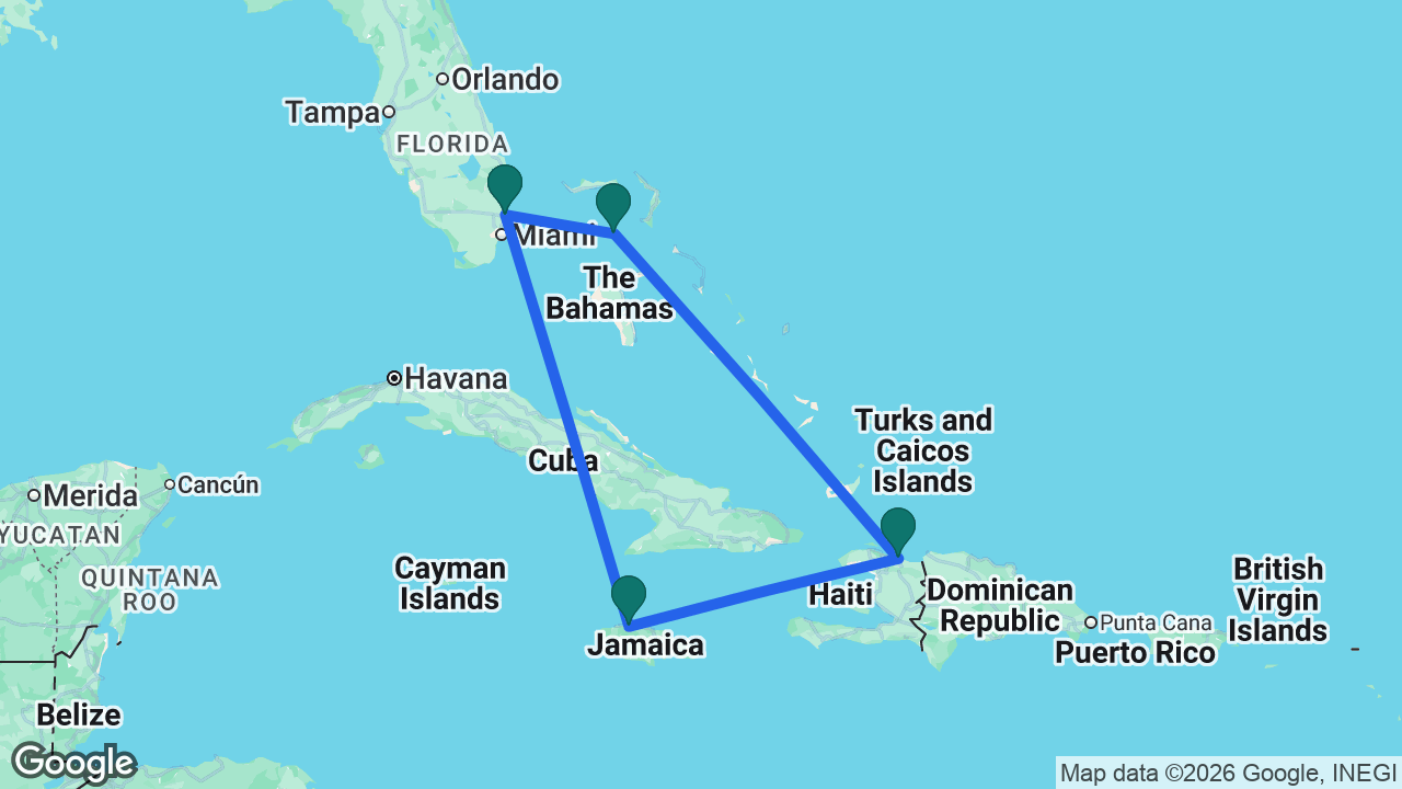Route map: Fort Lauderdale -> Falmouth -> Labadee -> CocoCay -> Fort Lauderdale