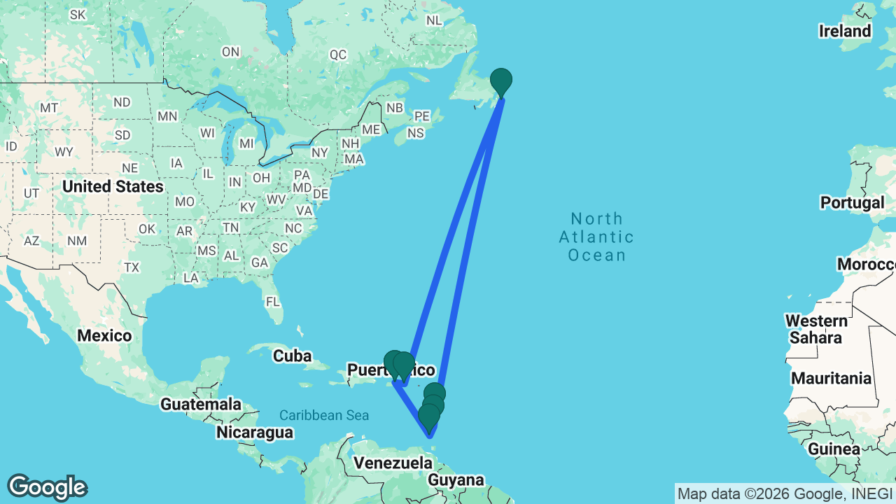 Route map: San Juan -> St. Thomas -> St. John's -> Martinique -> St. Vincent -> Grenada -> San Juan