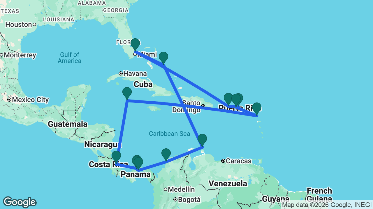 Route map: Fort Lauderdale -> Half Moon Cay -> Aruba -> Cartagena -> Panama Canal -> Gatún Lake -> Colón -> Limón -> Grand Cayman -> Antigua -> St. Thomas -> Tortola -> San Juan -> Fort Lauderdale