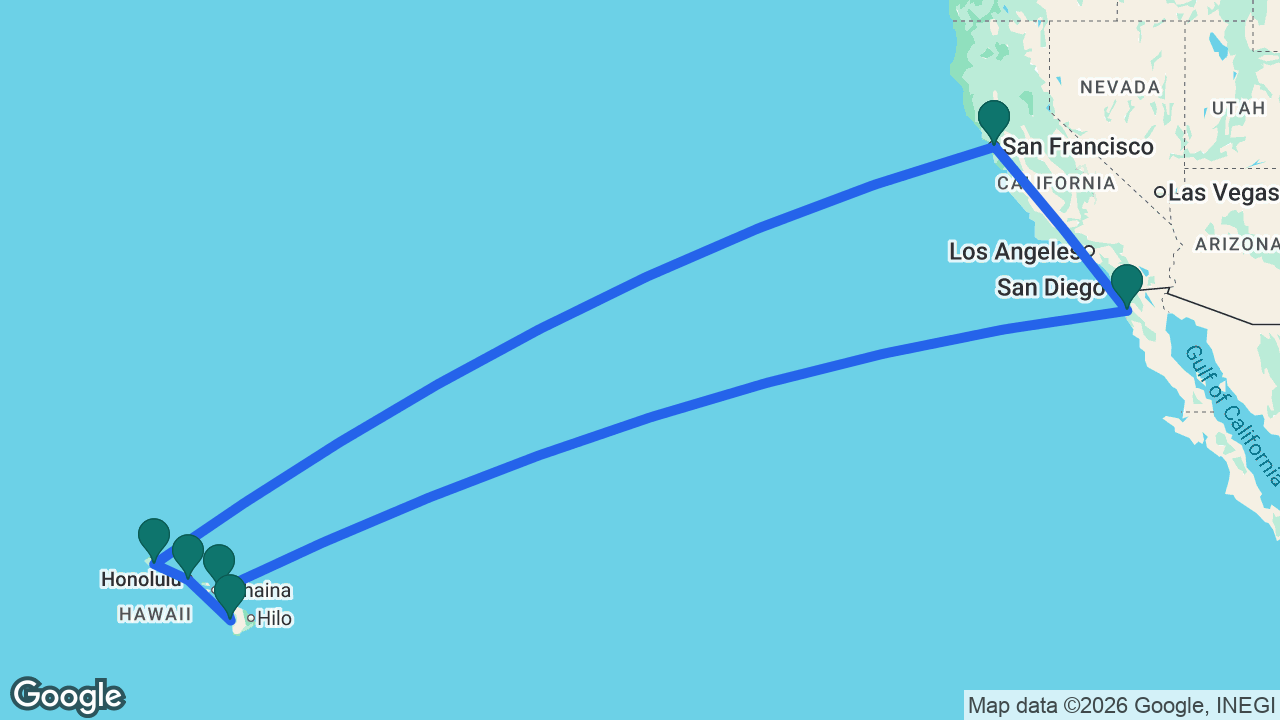Route map: San Francisco -> Kauai -> Honolulu -> Kona -> Maui -> Ensenada -> San Francisco