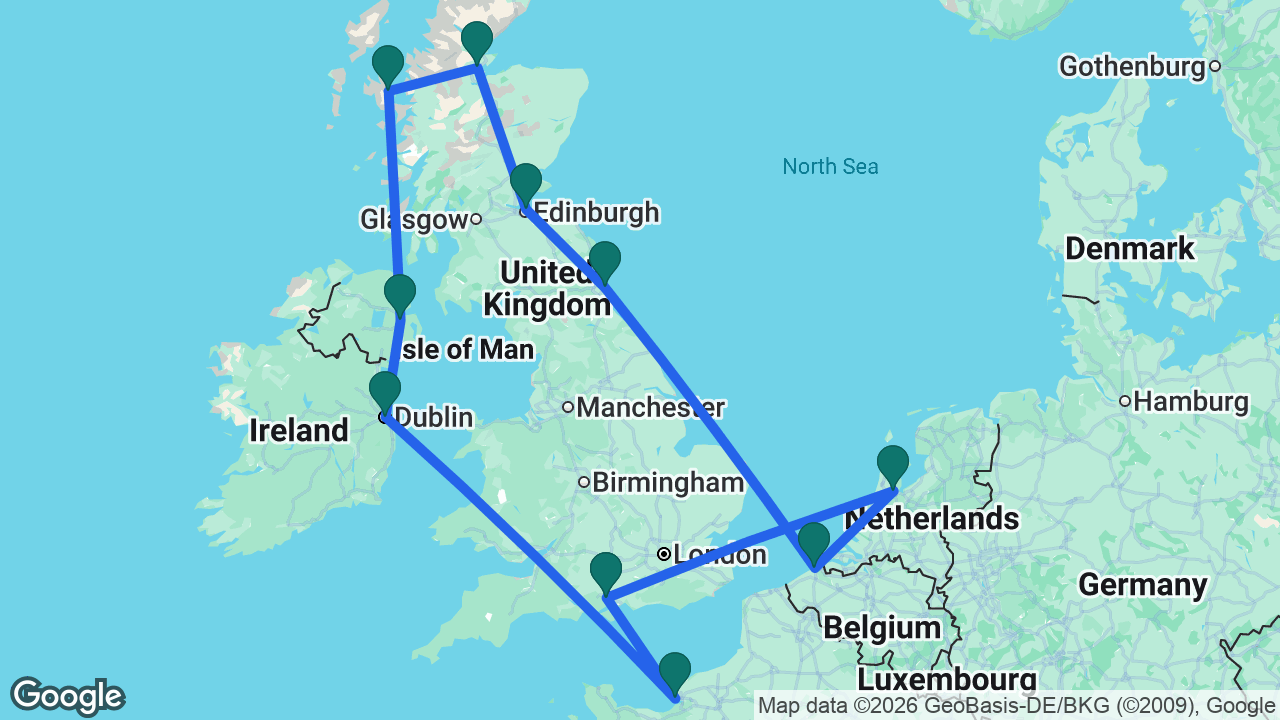Route map: Southampton -> Amsterdam -> Bruges -> Newcastle -> Edinburgh -> Invergordon -> Isle of Skye -> Belfast -> Dublin -> Paris -> Southampton
