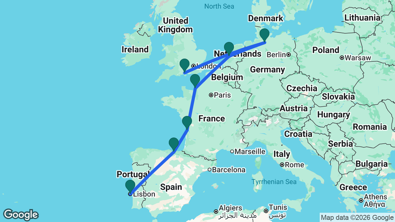 Route map: Lisbon -> Bilbao -> Bordeaux -> Paris -> Amsterdam -> Hamburg -> Southampton